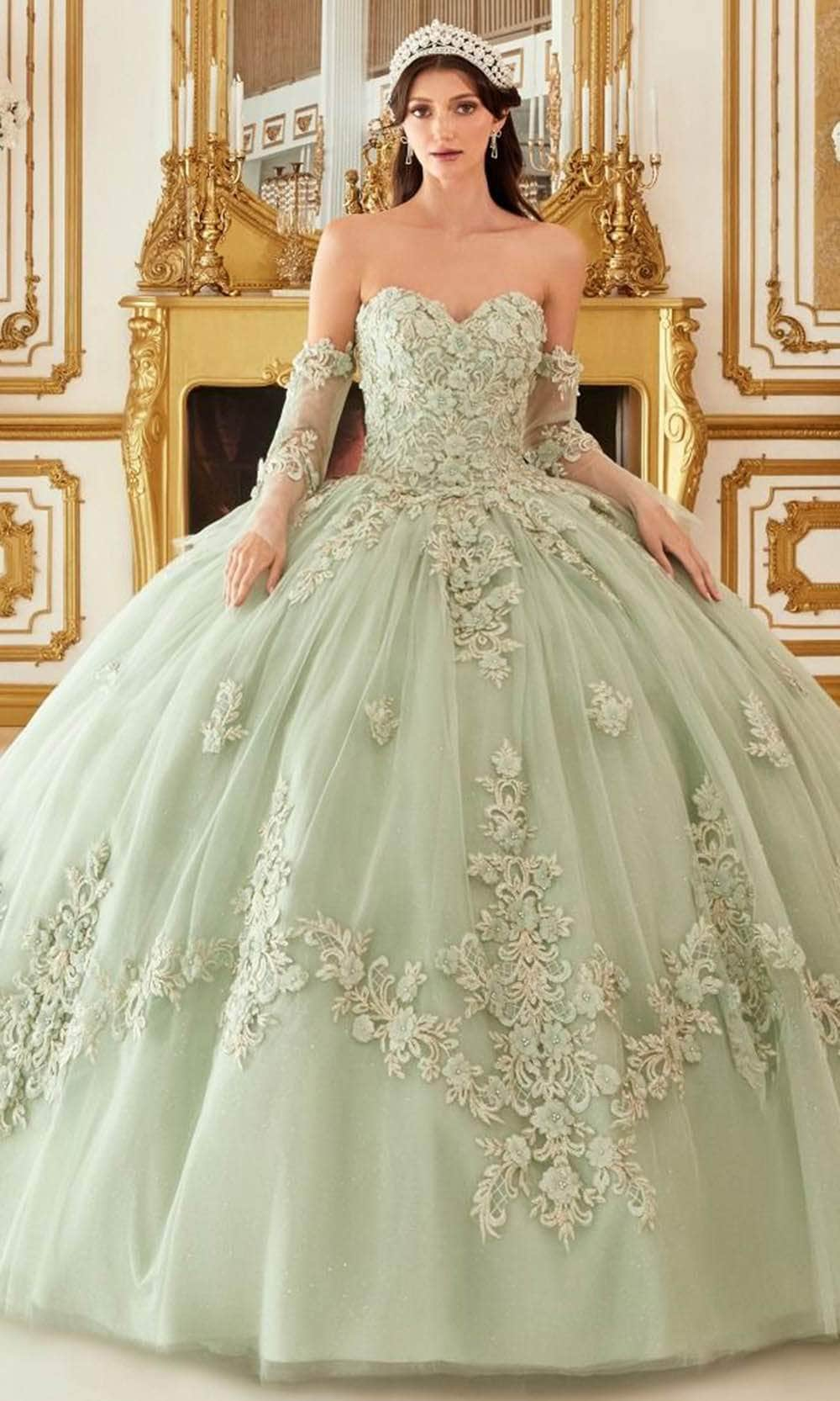 Cinderella Divine 15714 - Strapless Floral Applique Ballgown Special Occasion Dress XS / Sage