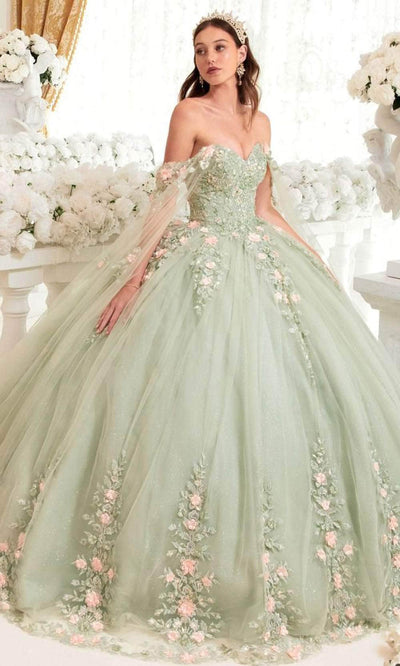 Cinderella Divine 15716 - Sweetheart Neck Floral Detailed Ballgown Ball Gowns XXS / Sage