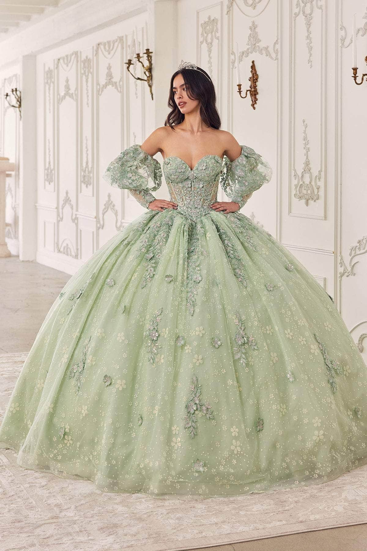 Cinderella Divine 15722 - Puff Sleeve Ballgown Special Occasion Dress