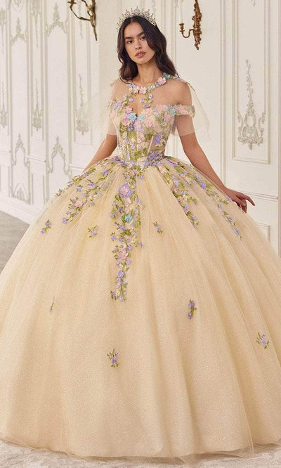 Cinderella Divine 15724 - Multi-Color Floral Ballgown Special Occasion Dress XXS / Champagne