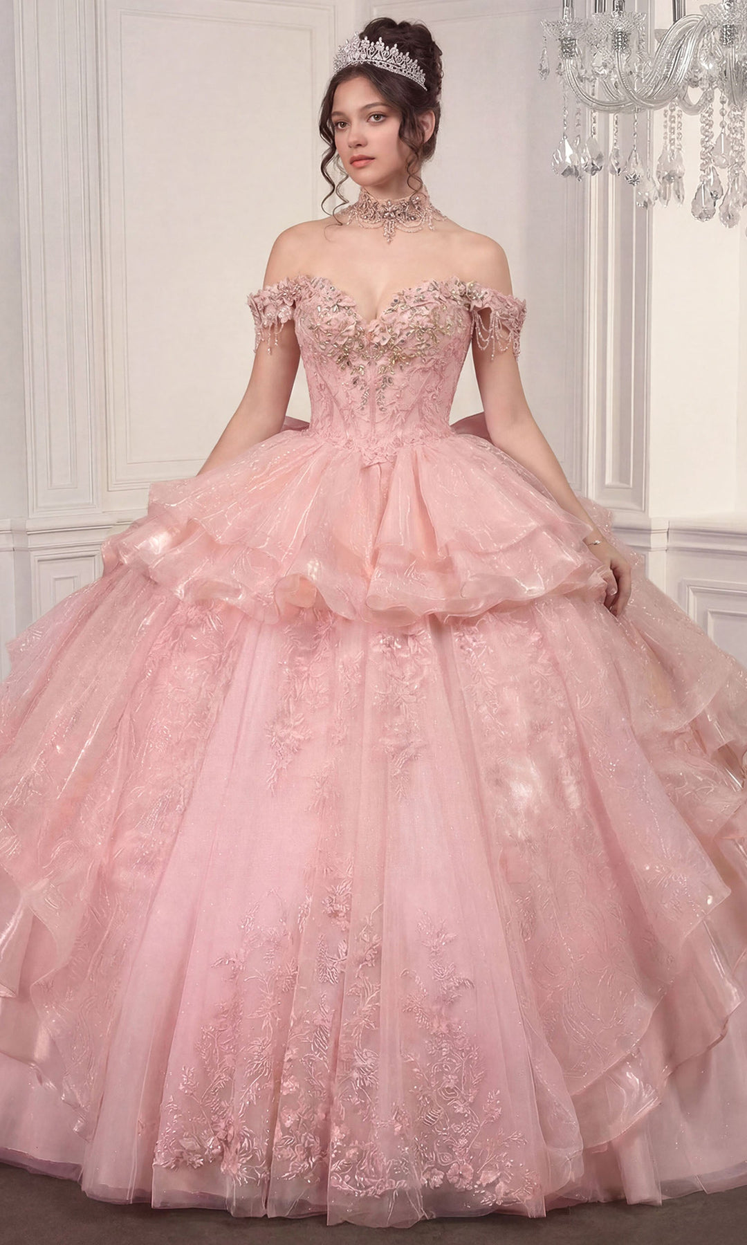 Ladivine 15742 Beaded Applique Lace-Up Quinceanera Dress