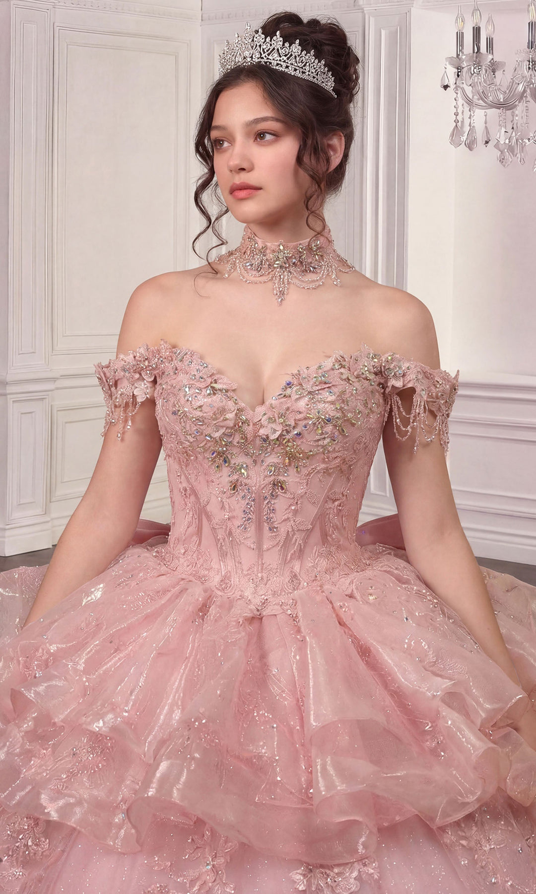Ladivine 15742 Beaded Applique Lace-Up Quinceanera Dress