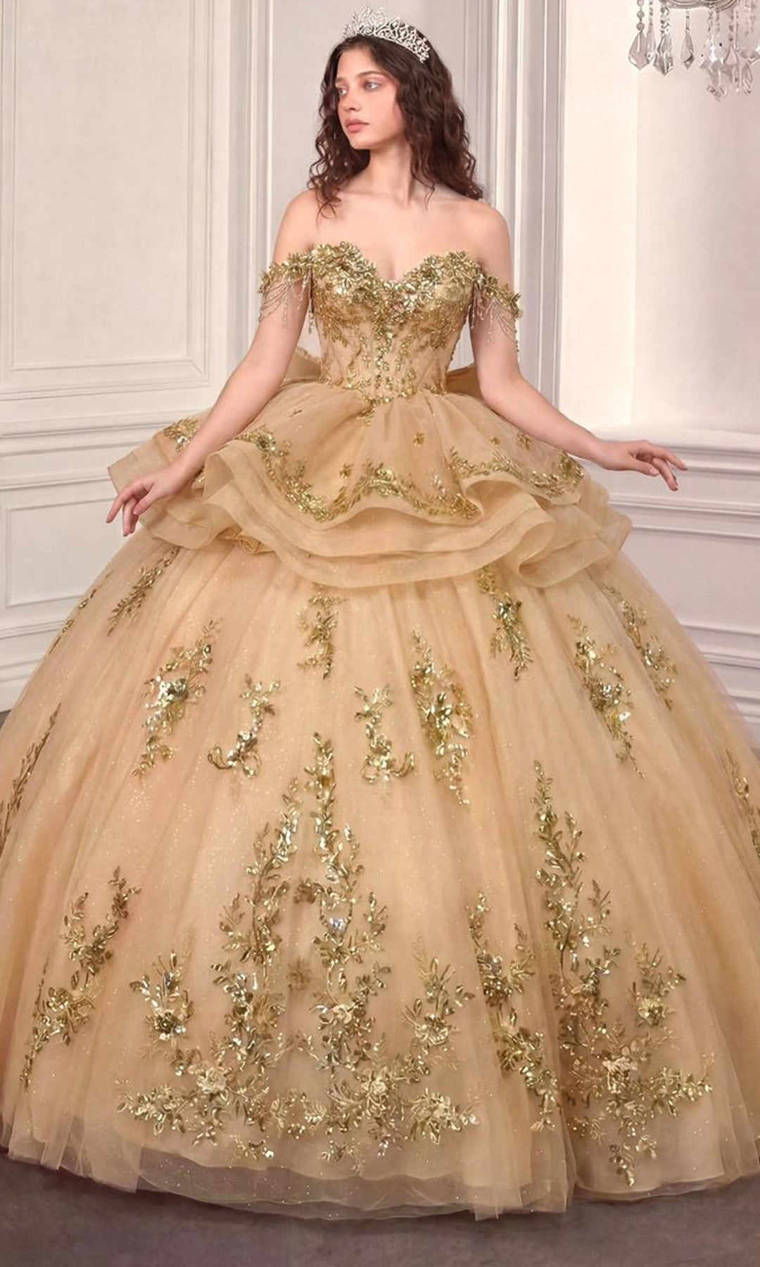 Ladivine 15746 Applique Adorned Peplum Quinceanera Dress