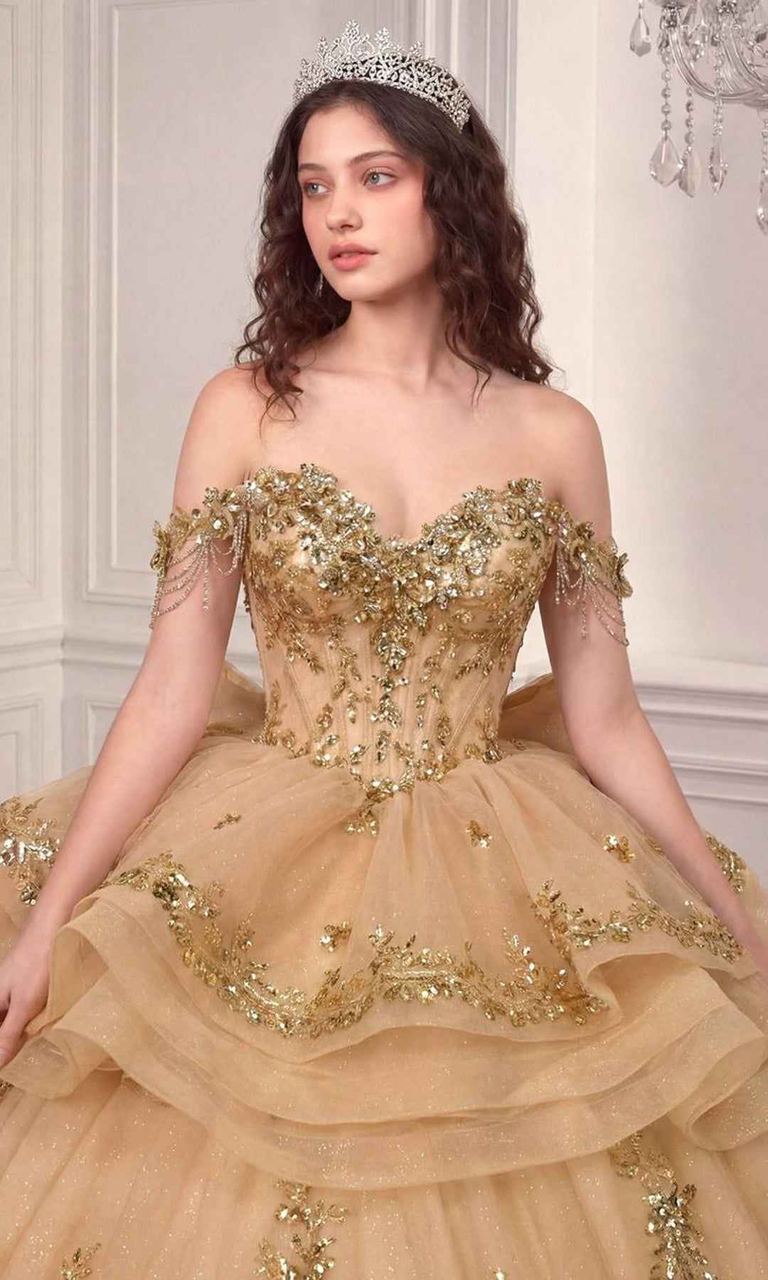 Ladivine 15746 Applique Adorned Peplum Quinceanera Dress