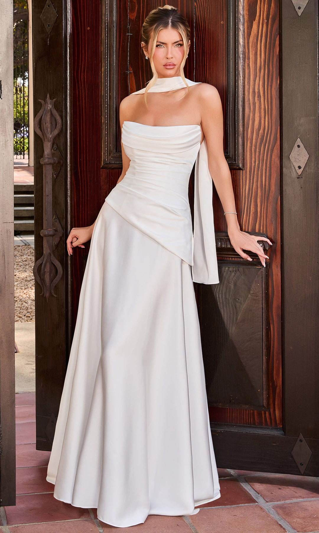 Ladivine 7432W Straight Neck Ruched Bridal Dress