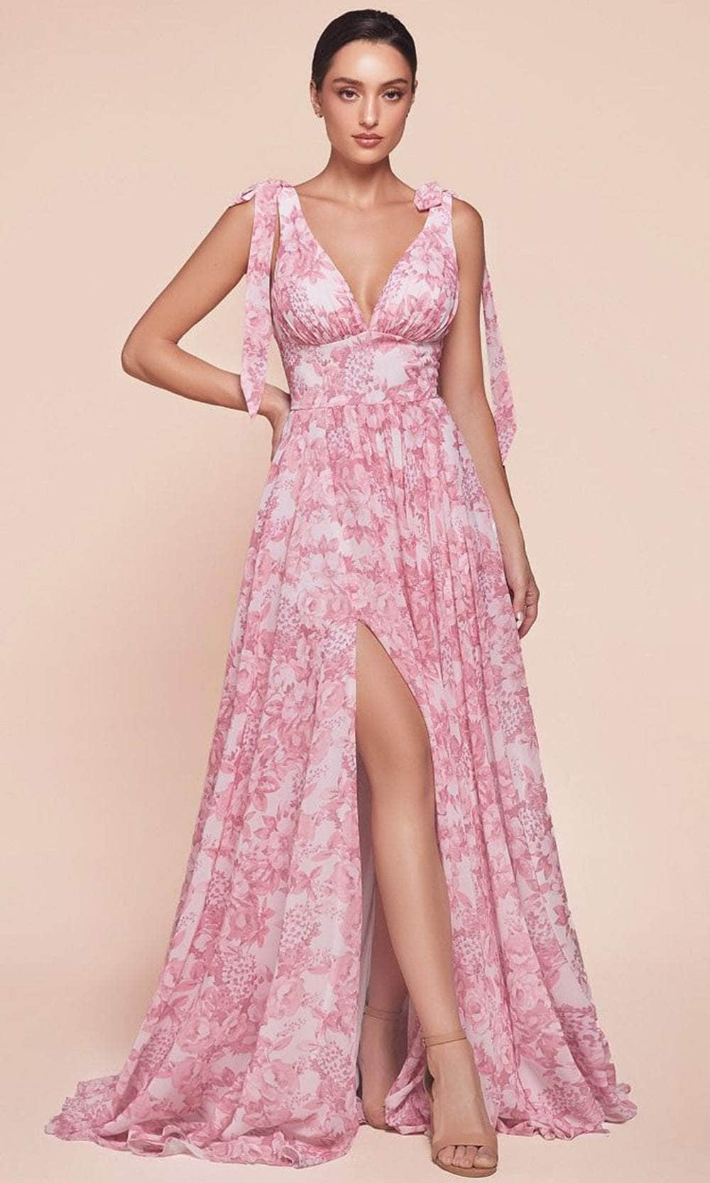 Ladivine 7442 Tie Strap Satin Floral Printed A Line Dress, Blue / 14 Ladivine 7442 Tie Strap Satin Floral Printed A Line Dress, Blue / 14