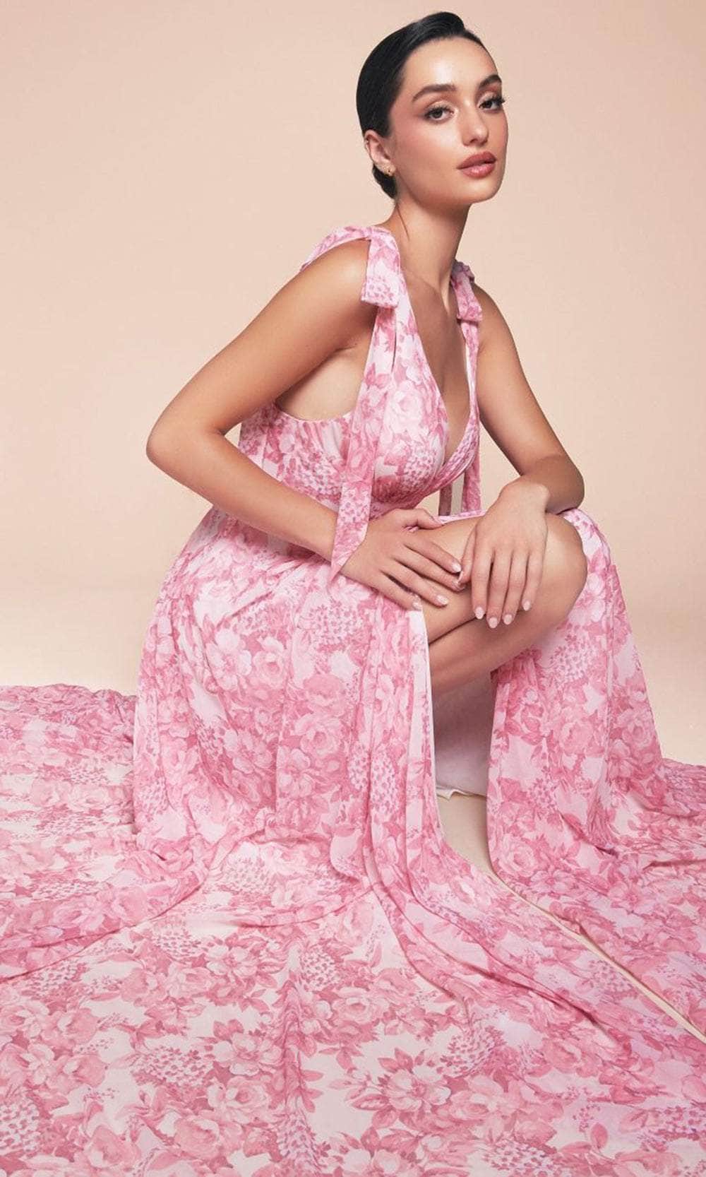 Ladivine 7442 Tie Strap Satin Floral Printed A Line Dress, Blue / 14 Ladivine 7442 Tie Strap Satin Floral Printed A Line Dress, Blue / 14