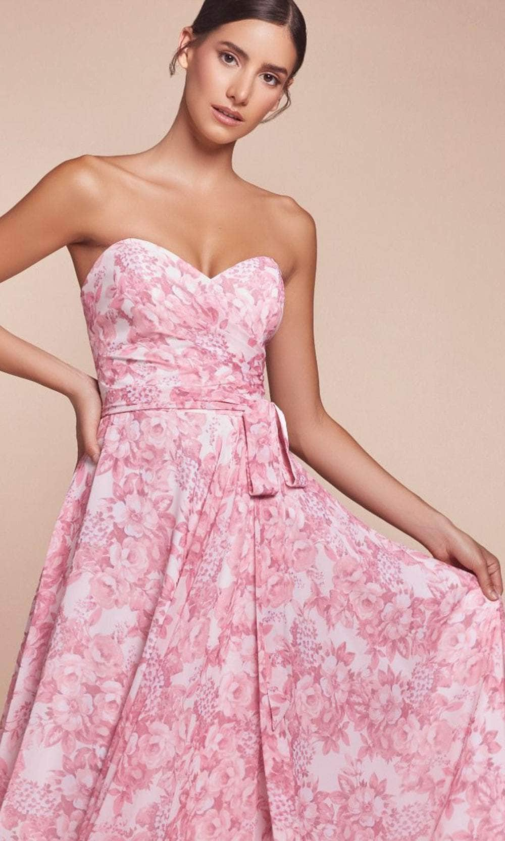 Ladivine 7443 - Strapless Floral Printed Evening Dress