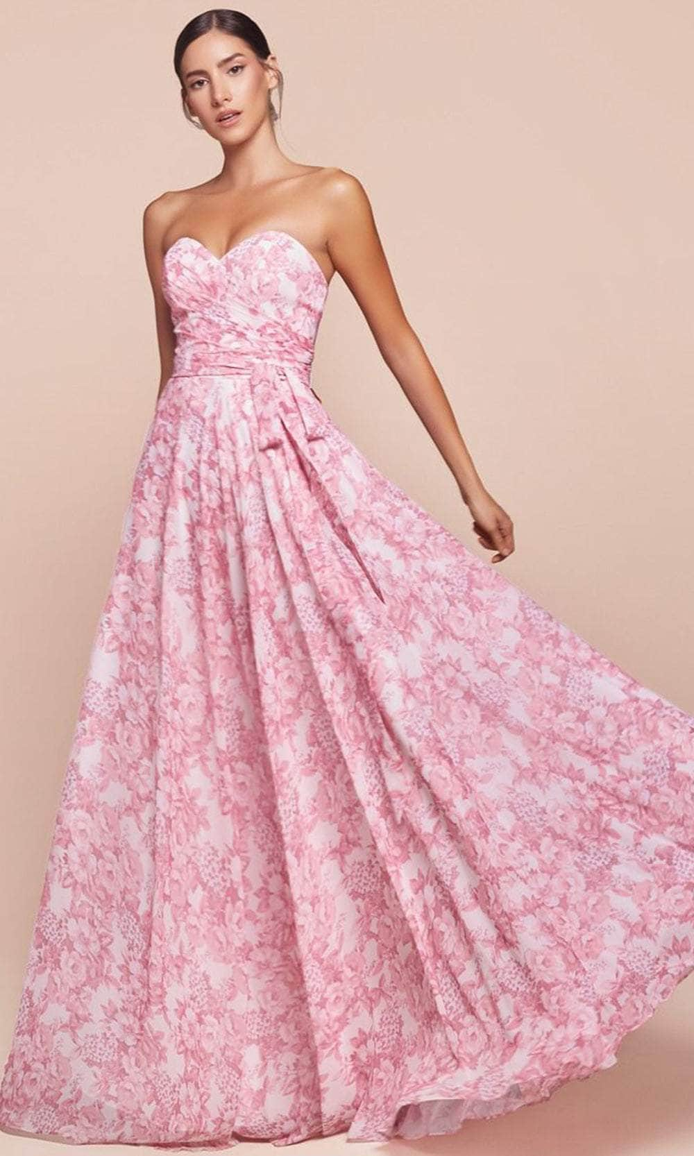 Ladivine 7443 - Strapless Floral Printed Evening Dress