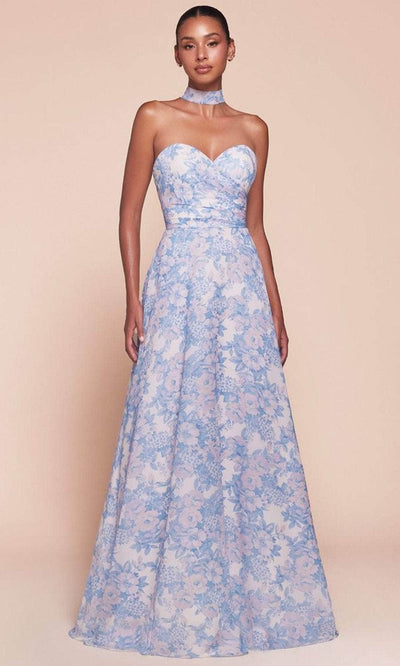 Ladivine 7443 - Strapless Floral Printed Evening Dress