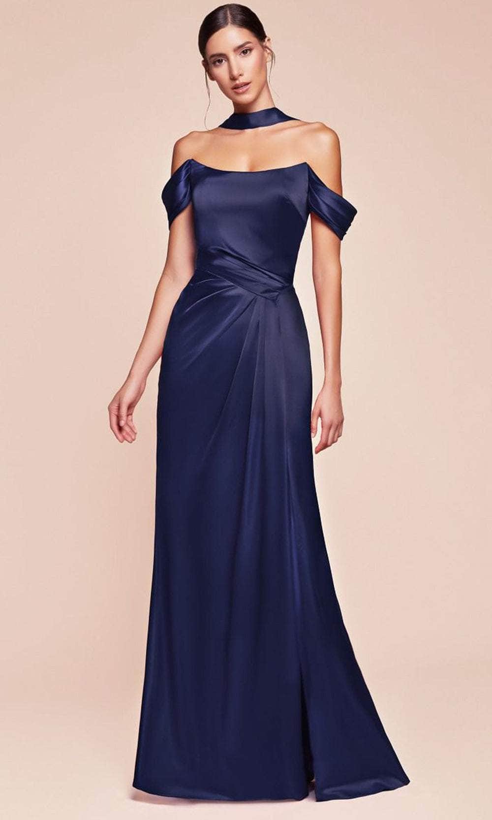 Ladivine 7452 - Satin High Slit Long Gown Bridesmaid Dresses 2 / Navy