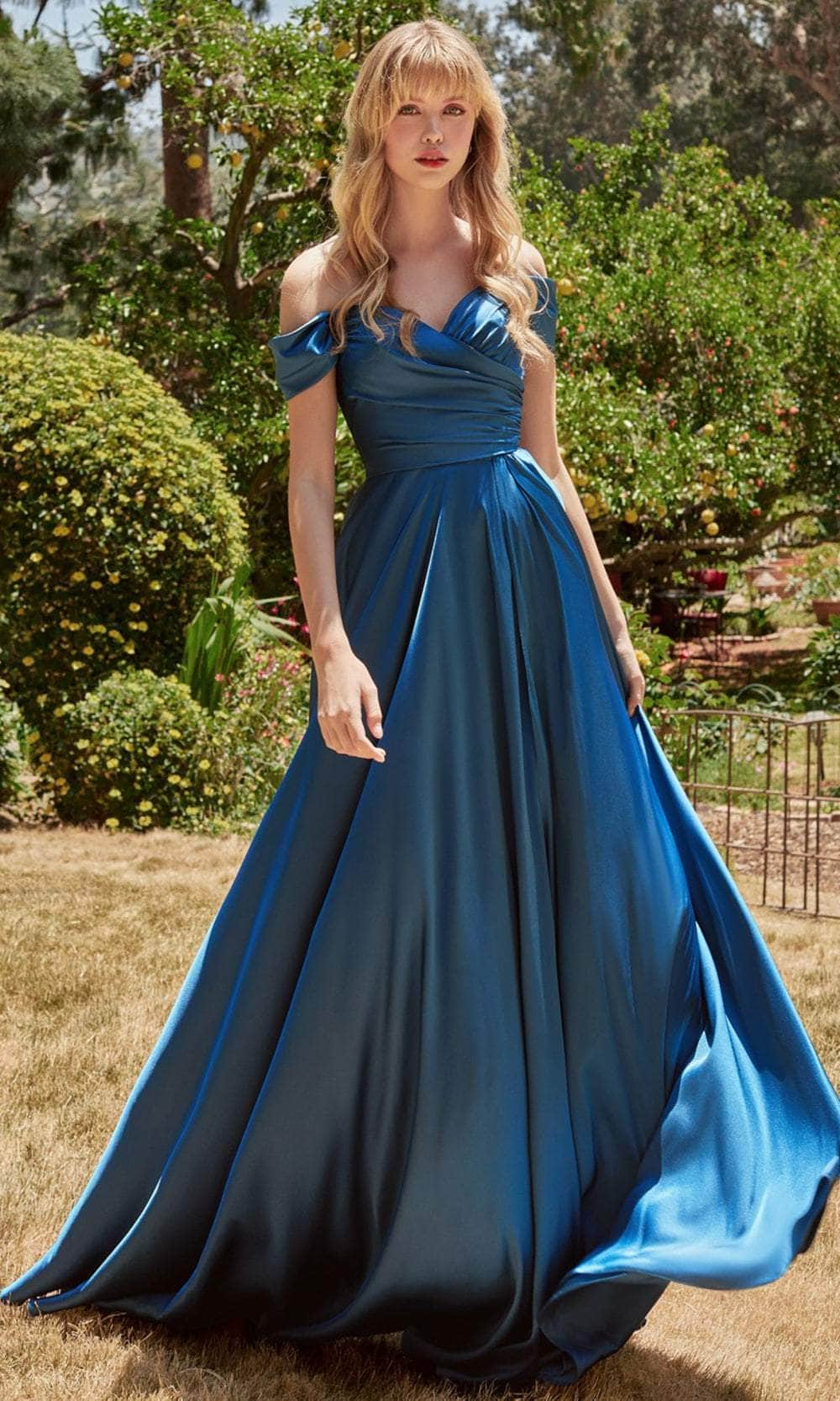 Cinderella Divine 7493C - Off Shoulder A-Line Evening Gown Evening Dresses 18 / French Navy