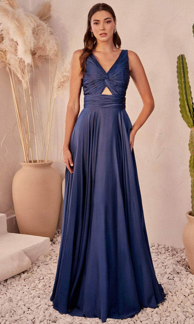 Cinderella Divine 7497 - Ruched Knotted V-Neck Prom Gown Prom Dresses