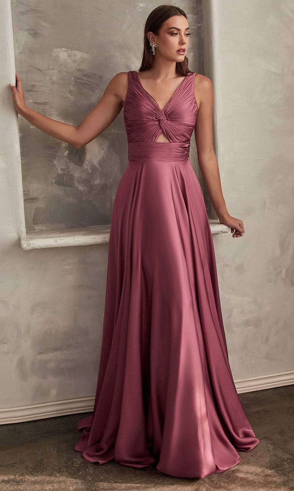 Ladivine 7497 - Ruched Knotted V-Neck Prom Gown Prom Dresses