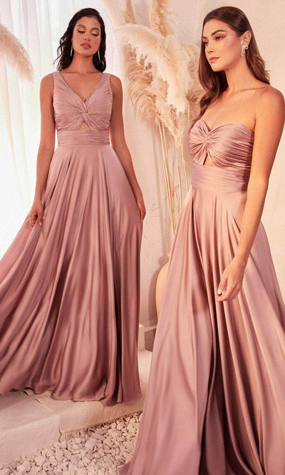 Cinderella Divine 7497 - Ruched Knotted V-Neck Prom Gown Prom Dresses