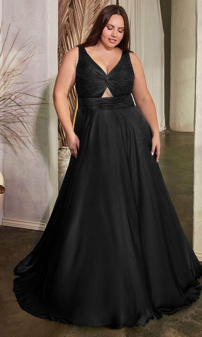 Ladivine 7497 - Ruched Knotted V-Neck Prom Gown Prom Dresses