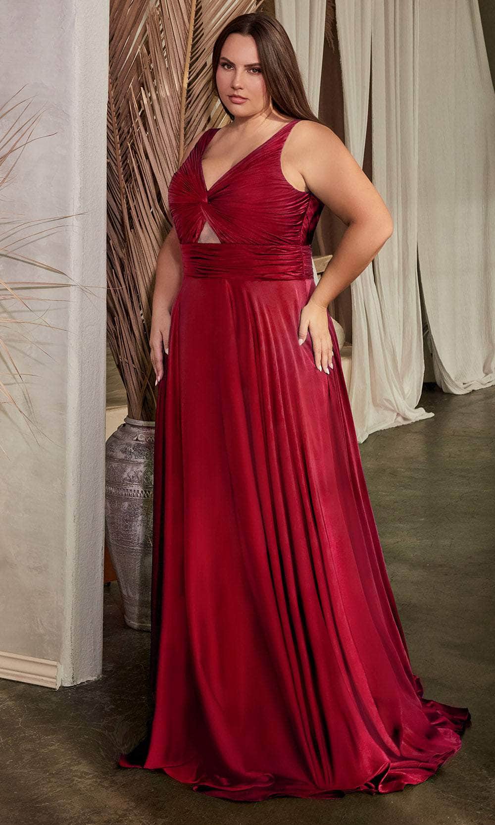 Ladivine 7497C - V-Neck Knot Evening Dress Evening Dresses 16 / Burgundy