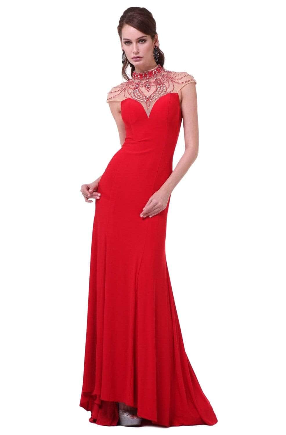 Ladivine 8105 - Beaded High Neck Stretch Knit Prom Dress Prom Dresses 2 / Red