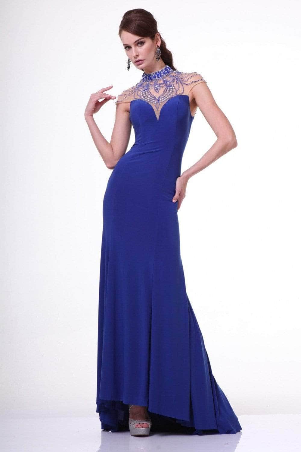 Ladivine 8105 - Beaded High Neck Stretch Knit Prom Dress Prom Dresses 2 / Royal