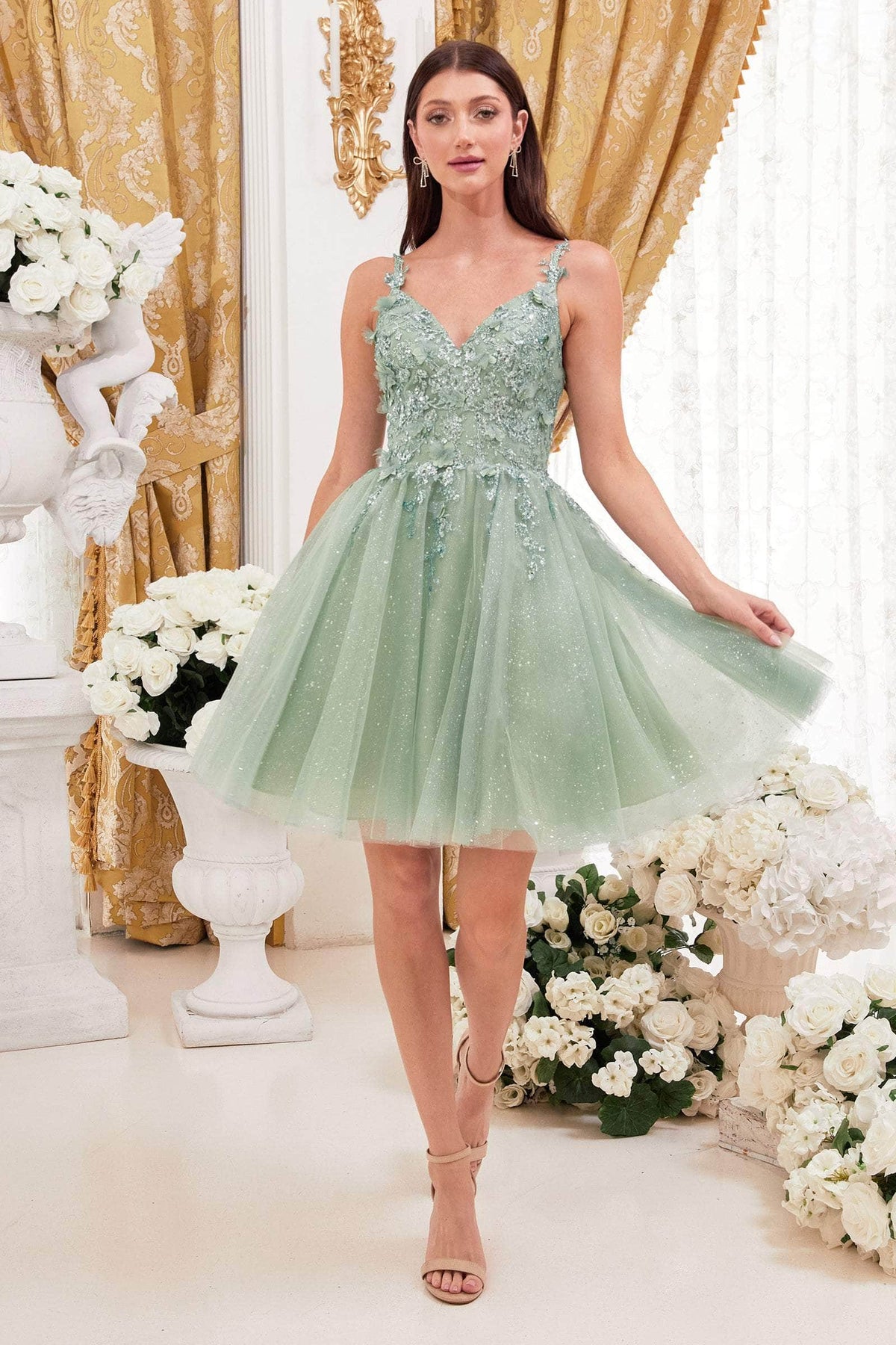 Ladivine 9245 - Glitter A-Line Cocktail Dress Cocktail Dresses XS / Sage