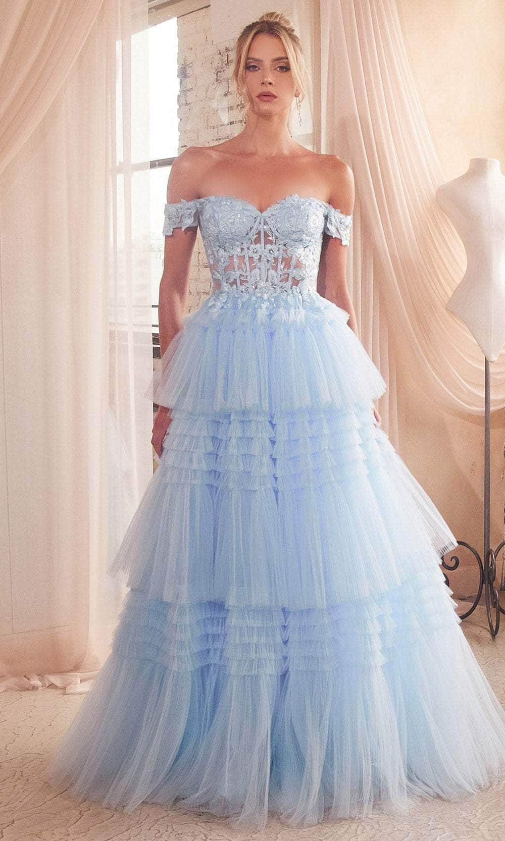 Cinderella Divine 9315 - Off-Shoulder Embroidered Corset Ballgown Ball Gowns 2 / Lt Blue