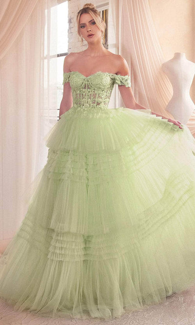 Cinderella Divine 9315 - Off-Shoulder Embroidered Corset Ballgown Ball Gowns 2 / Sage