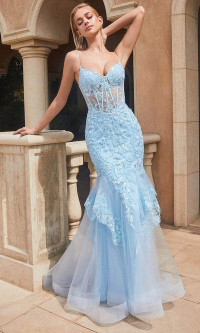 Cinderella Divine 9316 - Sleeveless Sheer Corset Embroidered Prom Gown Prom Dresses 2 / Blue