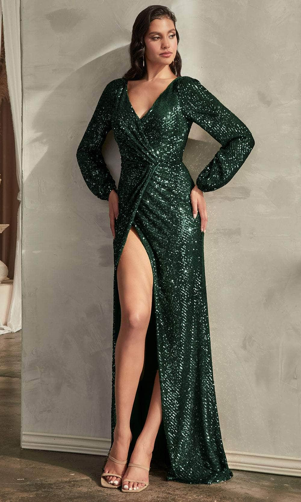 Cinderella Divine B8422 - Sequined Faux Wrap Prom Gown Mother of the Bride Dresses XS / Emerald