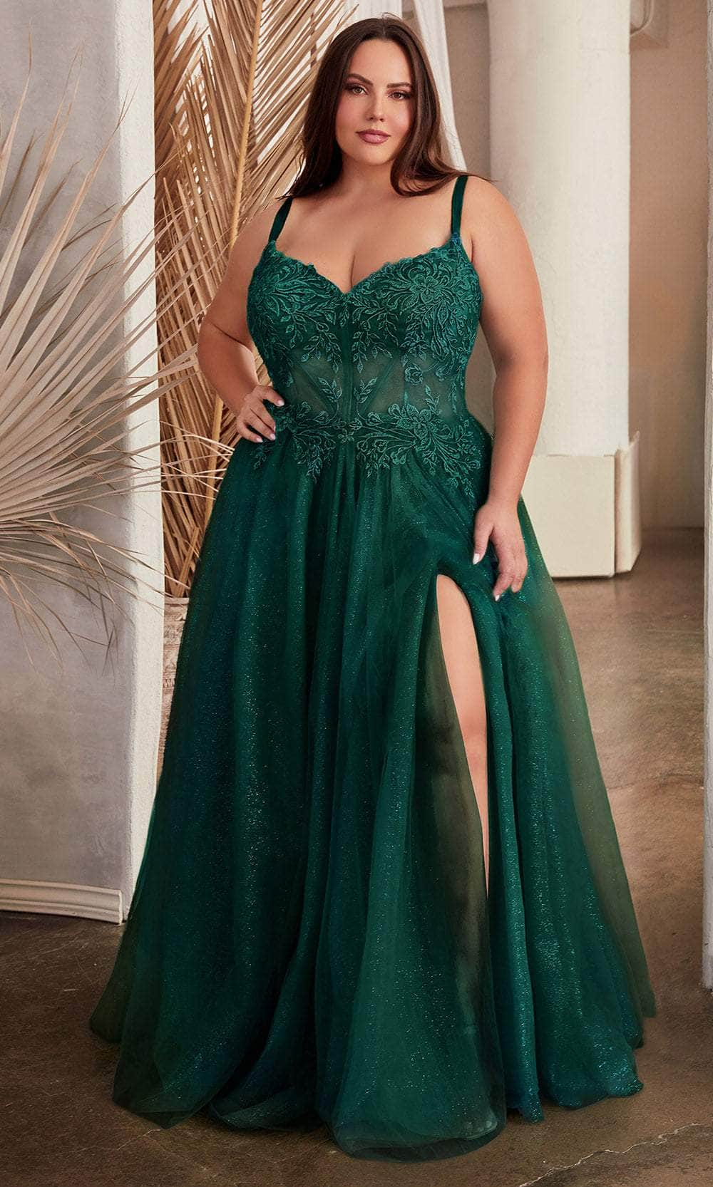 Cinderella Divine C150C - Embroidered A-line Prom Gown Prom Dresses 16 / Emerald