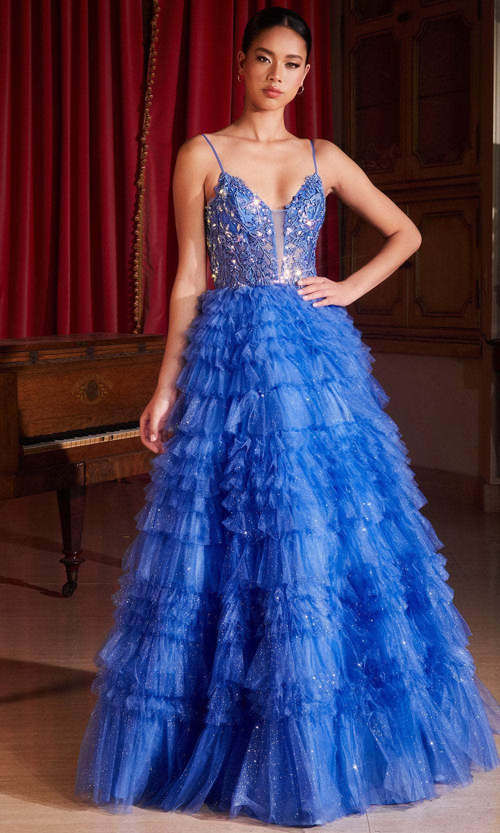 Cinderella Divine C152 - Embroidered Plunging V-Neck Ballgown Ball Gowns 2 / Deep Blue