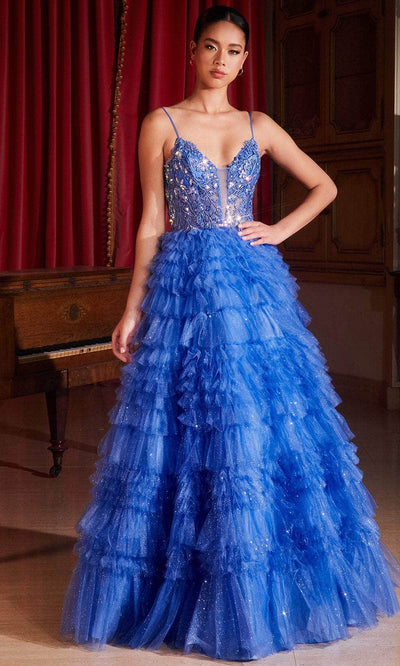 Cinderella Divine C152 - Embroidered Plunging V-Neck Ballgown Ball Gowns 2 / Deep Blue