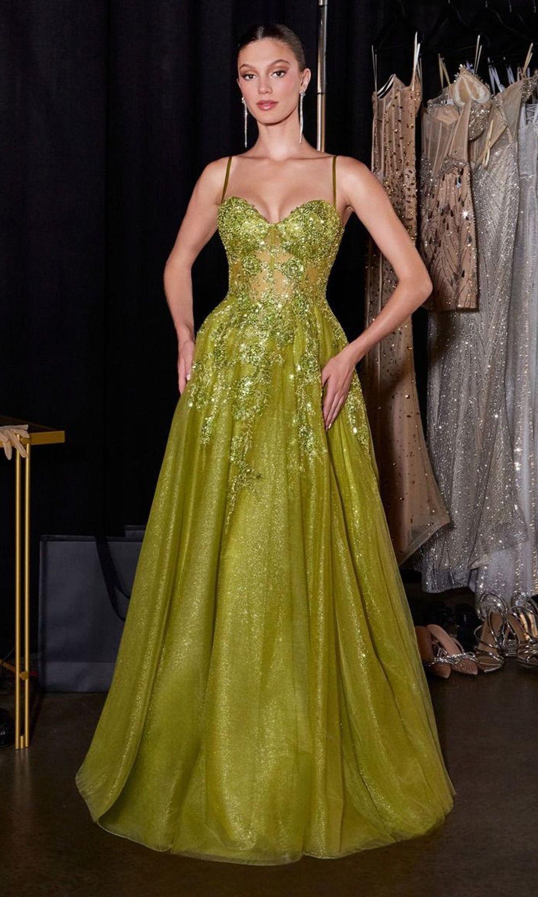 Ladivine C177 - Spaghetti Strap A-Line Beaded Prom Gown