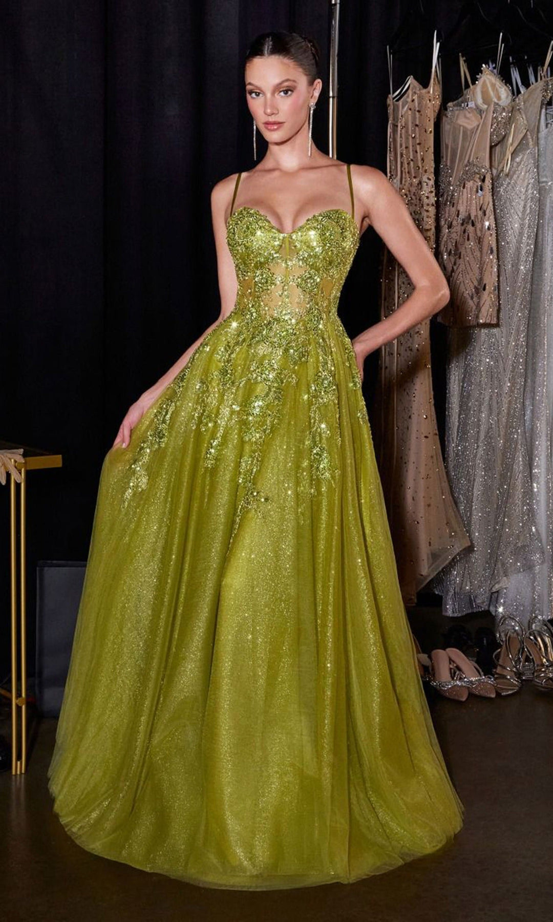 Ladivine C177 - Spaghetti Strap A-Line Beaded Prom Gown