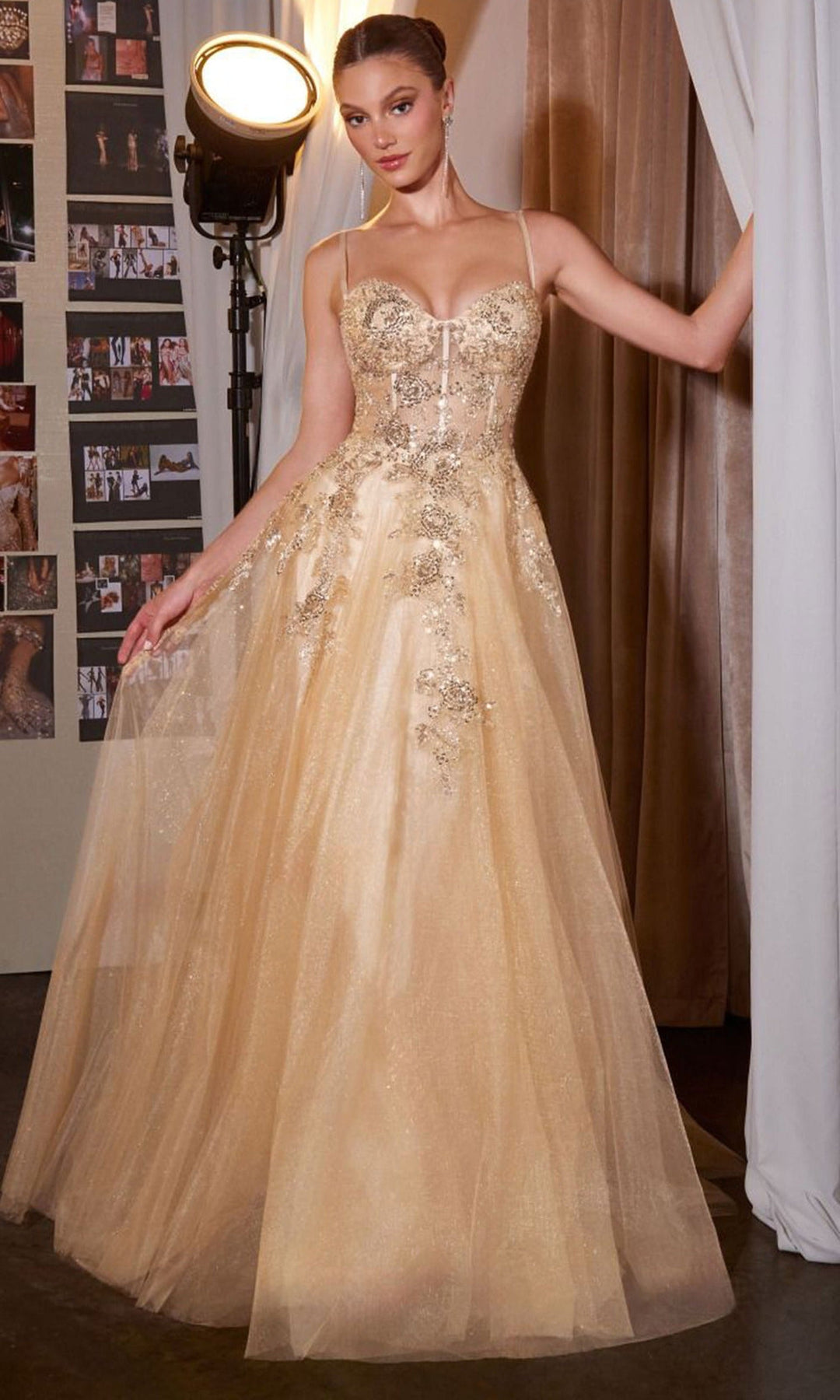 Ladivine C177 - Spaghetti Strap A-Line Beaded Prom Gown