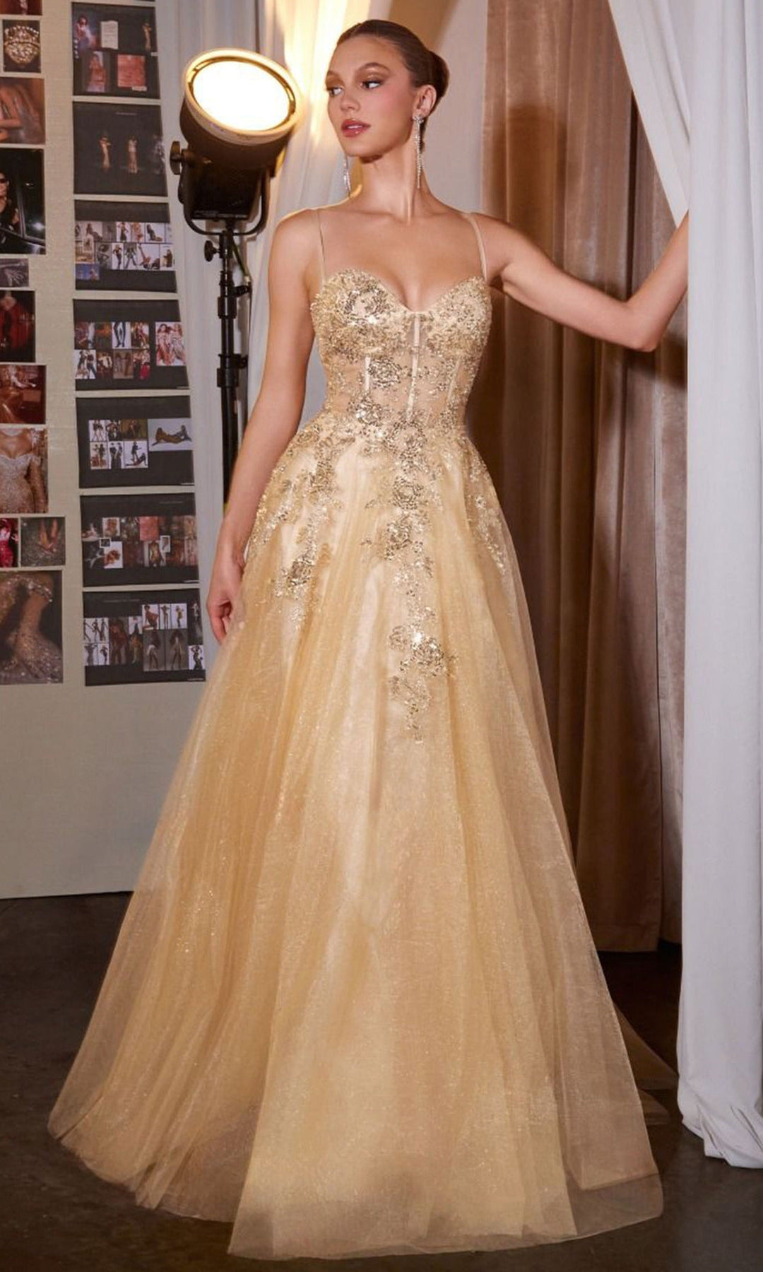 Ladivine C177 - Spaghetti Strap A-Line Beaded Prom Gown