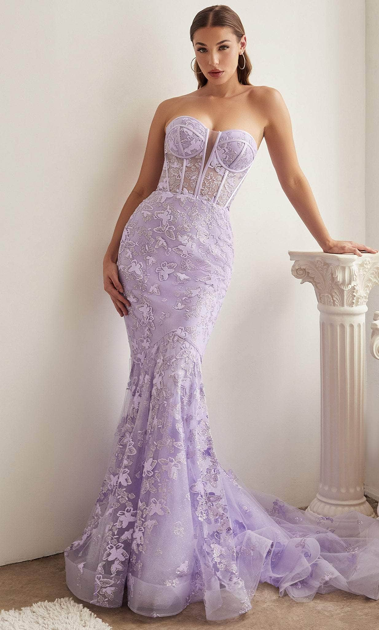 Cinderella Divine CB099 - Strapless Butterfly Print Evening Gown Evening Dresses 2 / Lavender