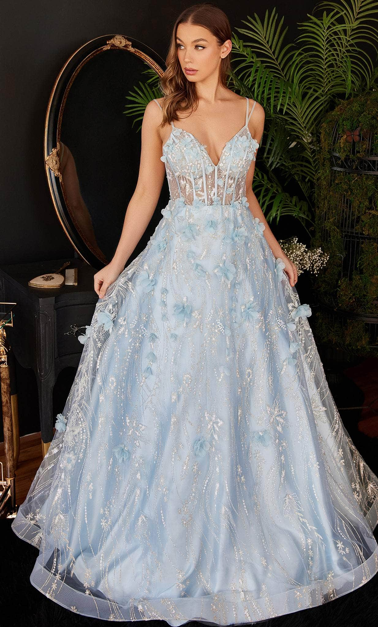 Cinderella Divine CB105 - Enchanting 3D Floral Detailed Gown Prom Dresses 2 / Blue