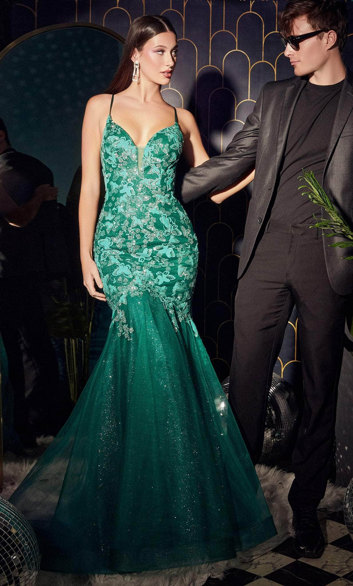 Cinderella Divine CB112 - Butterfly Detailed Trumpet Gown Prom Dresses 4 / Emerald