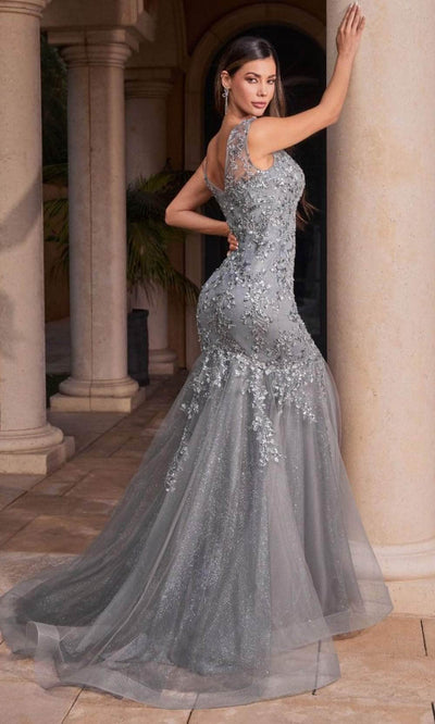 Cinderella Divine CB128 - Illusion Floral Applique Sheath Gown Special Occasion Dress 2 / Deep Silver