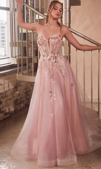 Cinderella Divine CB142 - Floral Sequin Embellished Strapless Ballgown Ball Gowns 2 / Blush