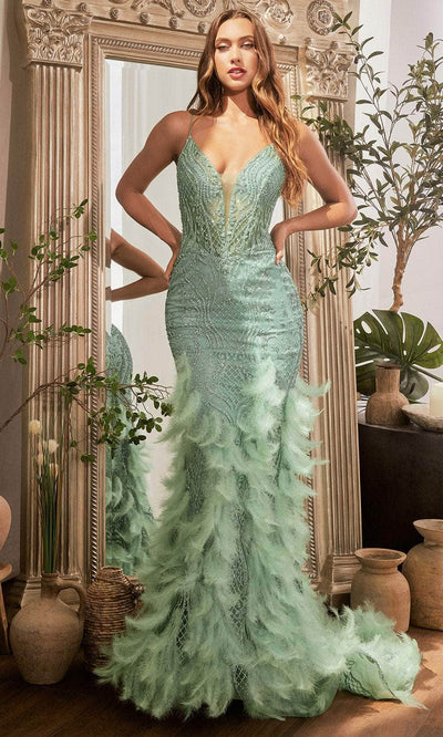 Cinderella Divine CC1608 - Sleeveless Plunging V-Neck Prom Gown Prom Dresses 2 / Sage