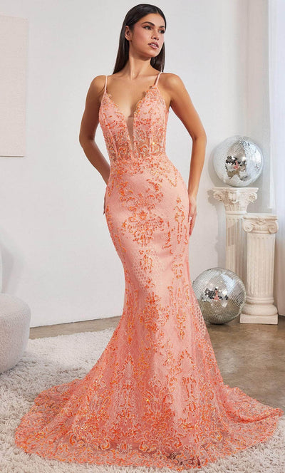 Cinderella Divine CC2189 - Sheer Embellished Prom Dress Prom Dresses 2 / Neon Orange