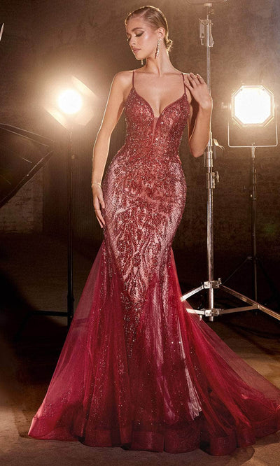 Ladivine CC2253 - Plunging Godets Mermaid Evening Gown Prom Dresses 2 / Deep Red