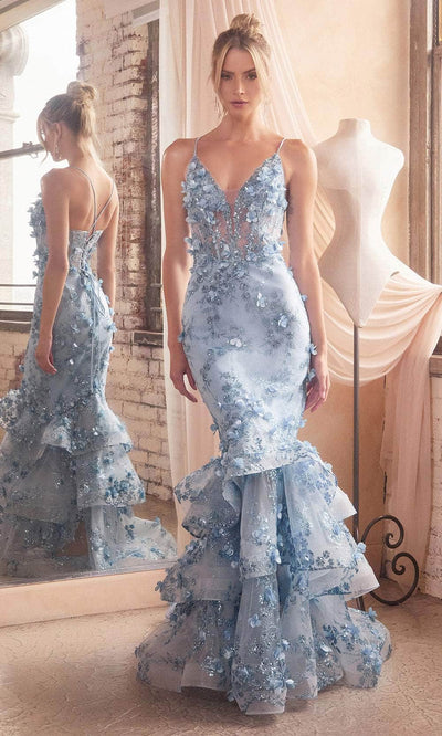 Cinderella Divine CC2288 - 3D Floral Mermaid Prom Gown Prom Dresses 2 / Blue