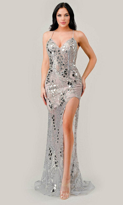 Cinderella Divine CC2292 - Deep V-Neck Illusion Skirt Prom Gown Prom Dresses 2 / Silver-Nude