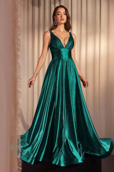 Cinderella Divine CC2349 - Plunging V-Neck Glitter Satin Prom Gown Prom Dresses 4 / Emerald