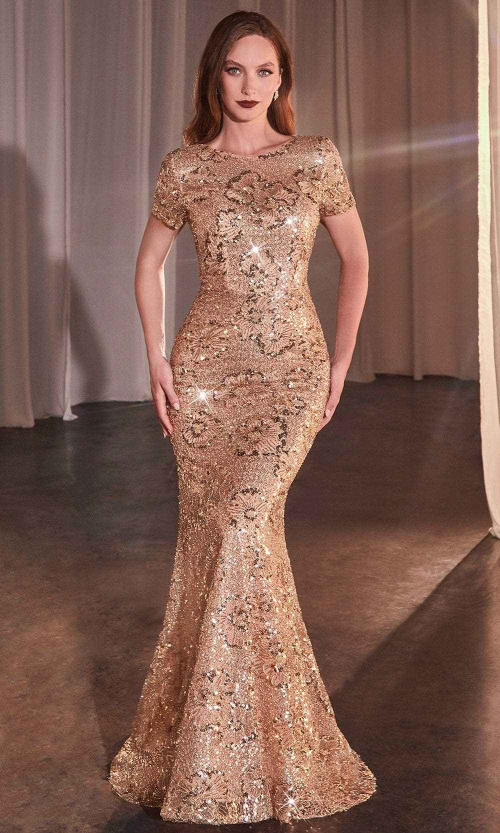 Ladivine CC3700 - Floral Sequin Fitted Evening Dress Mother of the Bride Dresses / 4 Rose Gold