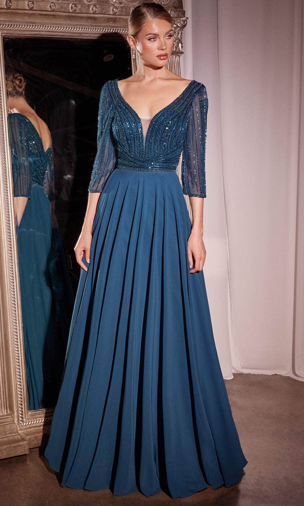 Ladivine CC446 - Beaded Plunging V-Neck Evening Dress Mother of the Bride Dresses 0 / Peacock