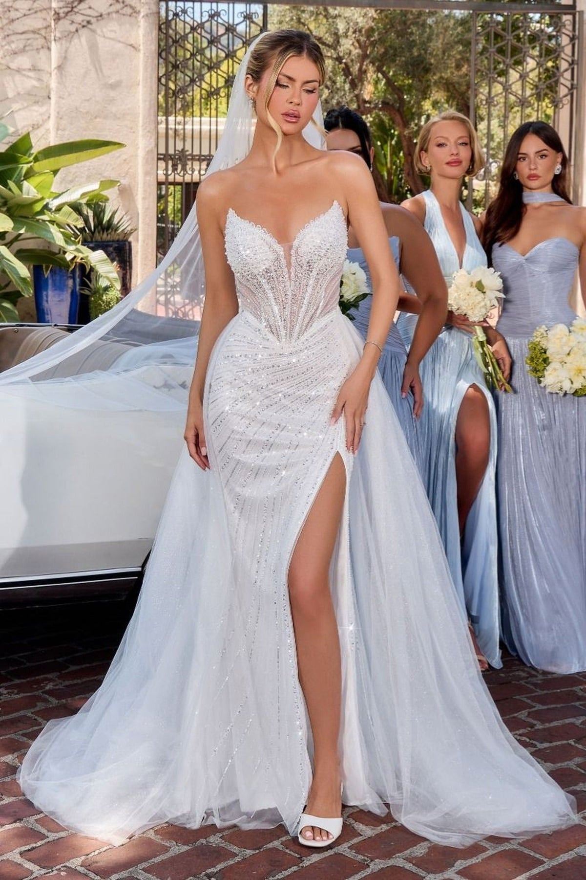 Ladivine CC492W - Crystal Beaded Strapless Overskirt Dress