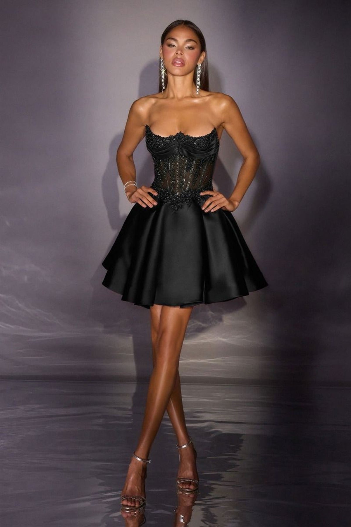 Ladivine CC502 - Embellished Satin Strapless Flared Dress